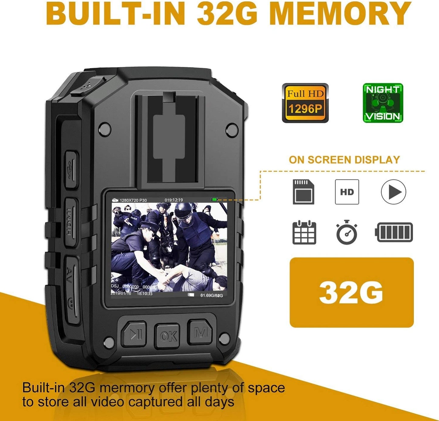 Cámara de cuerpo de policía HD 1296P, memoria 32G, cámara de cuerpo portátil CammPro, cámara impermeable con pantalla de 2 pulgadas, visión nocturna, GPS para grabadora de aplicación de la ley, guardias de seguridad, uso personal