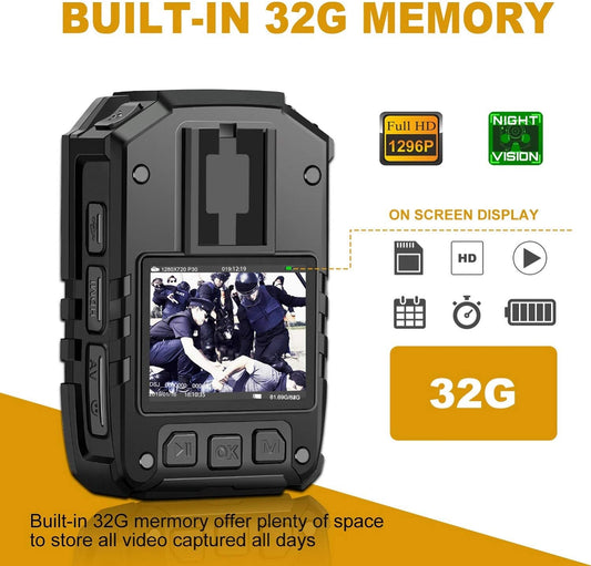 Cámara de cuerpo de policía HD 1296P, memoria 32G, cámara de cuerpo portátil CammPro, cámara impermeable con pantalla de 2 pulgadas, visión nocturna, GPS para grabadora de aplicación de la ley, guardias de seguridad, uso personal