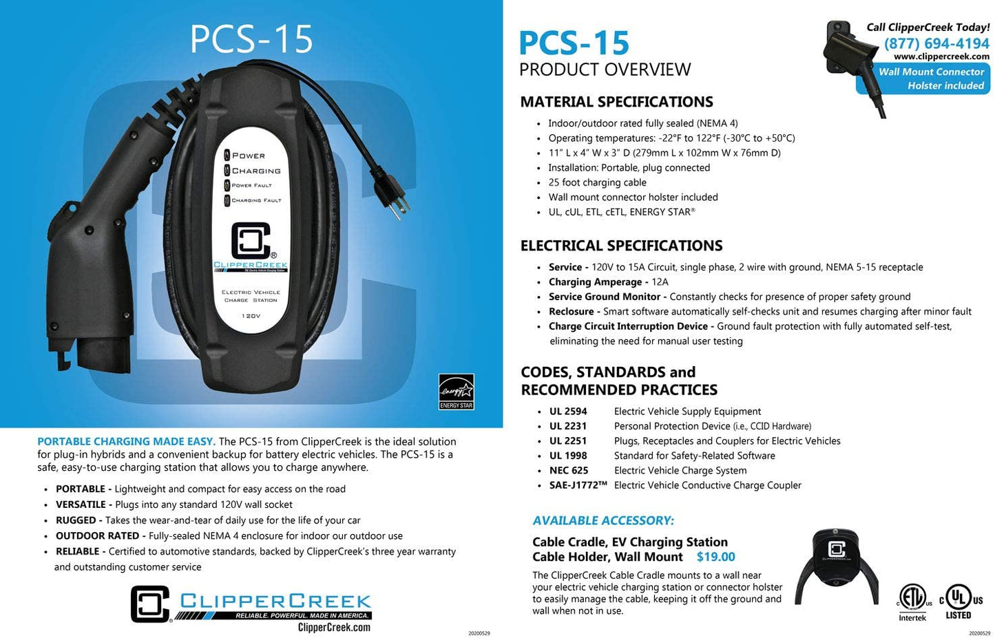 ClipperCreek PCS-15, cable portátil de 12 A nivel 1 EVSE, 120 V, 25 pies