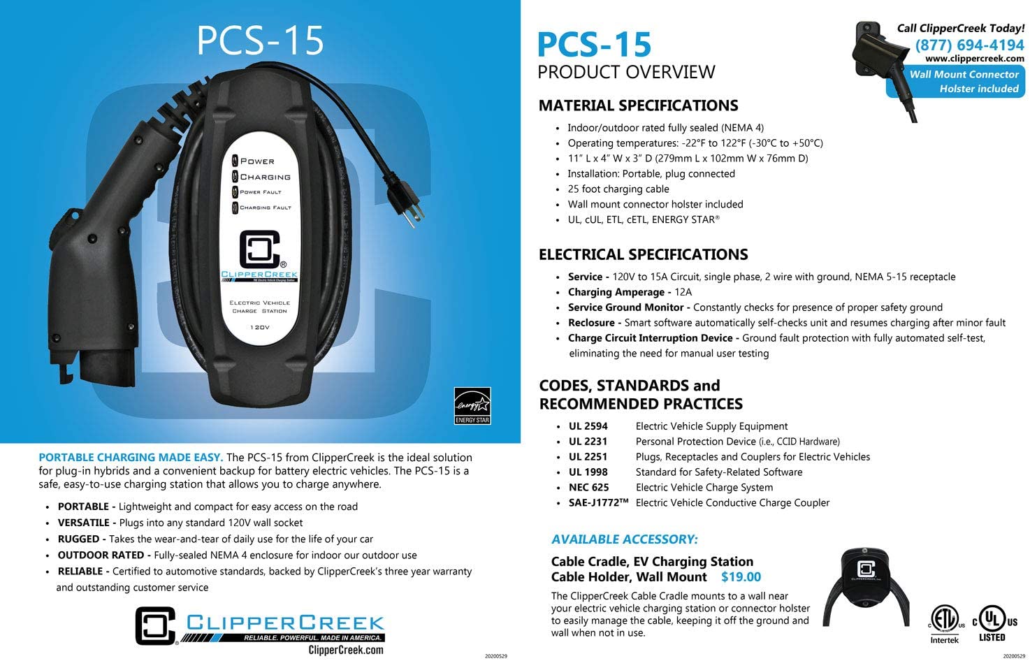 ClipperCreek PCS-15, cable portátil de 12 A nivel 1 EVSE, 120 V, 25 pies