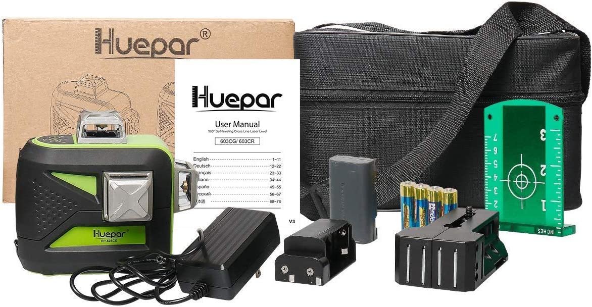 Huepar 3x360 Green Beam 3D Nivel láser con Bluetooth tres planos autonivelante y alineación de línea cruzada nivel láser 603CG-BT