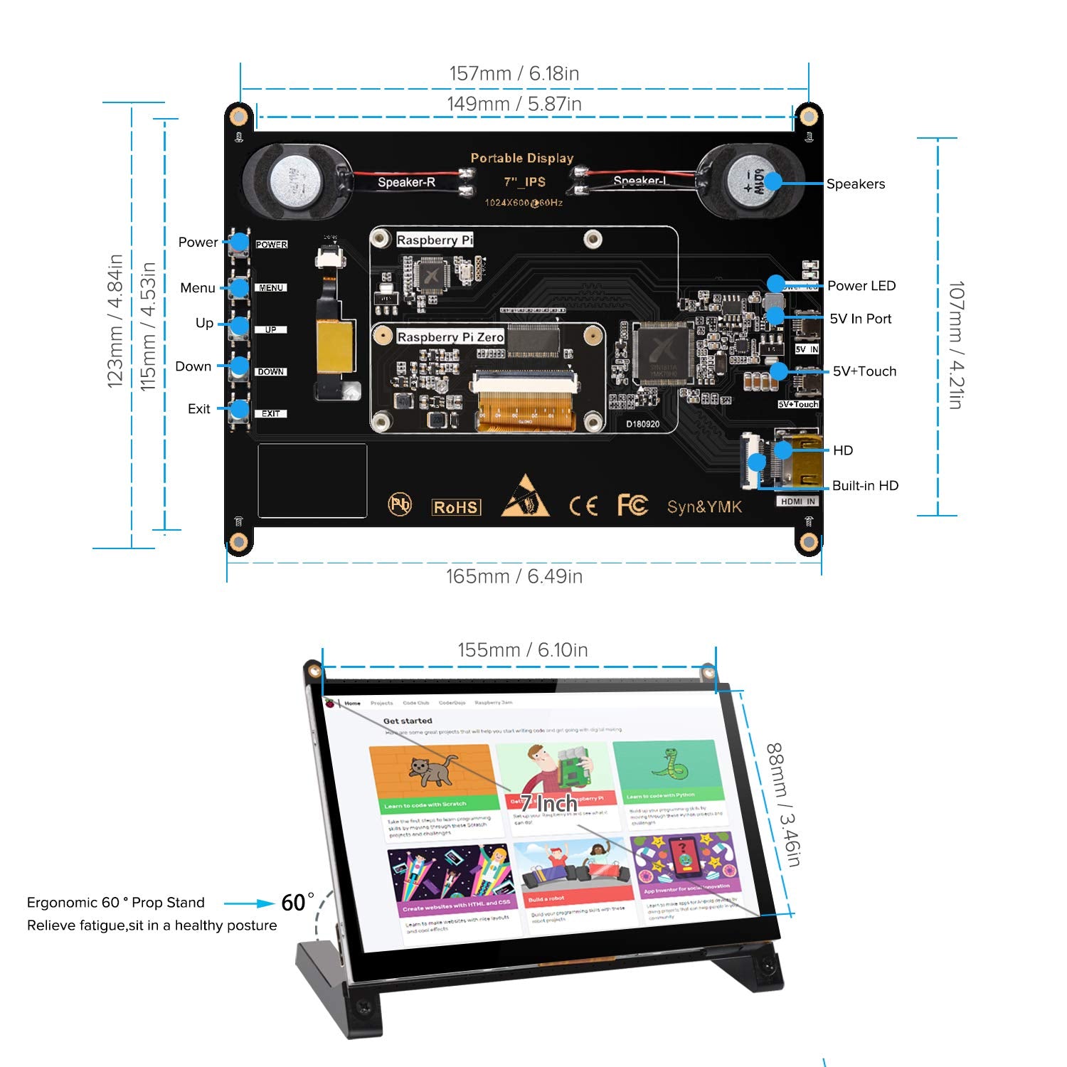 Raspberry Pi Touchscreen Monitor, 7'' HDMI Touch Screen Display IPS 1024x600 with Prop Stand Built-in Dual Speakers HDMI 2.0 Plug and Play FPC for Raspberry Pi 4 3 2 Zero B+ Model B Xbox PS4 iOS Win