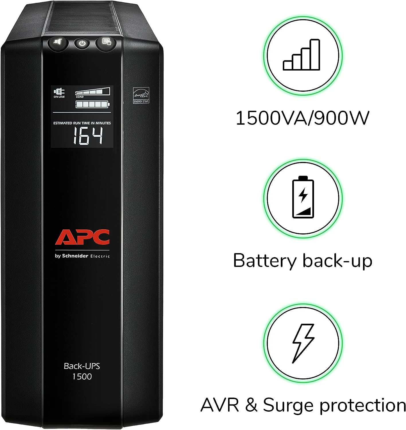 APC UPS 1500 VA UPS Batería de reserva y protector de sobretensión, BX1500 M, fuente de alimentación de batería de reserva, AVR, protección de datos