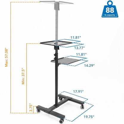 Soporte móvil para proyector y computadora portátil (2 estantes), carro rodante con bandeja ventilada, resistente, carro de presentación para computadora portátil y proyector de altura ajustable, negro