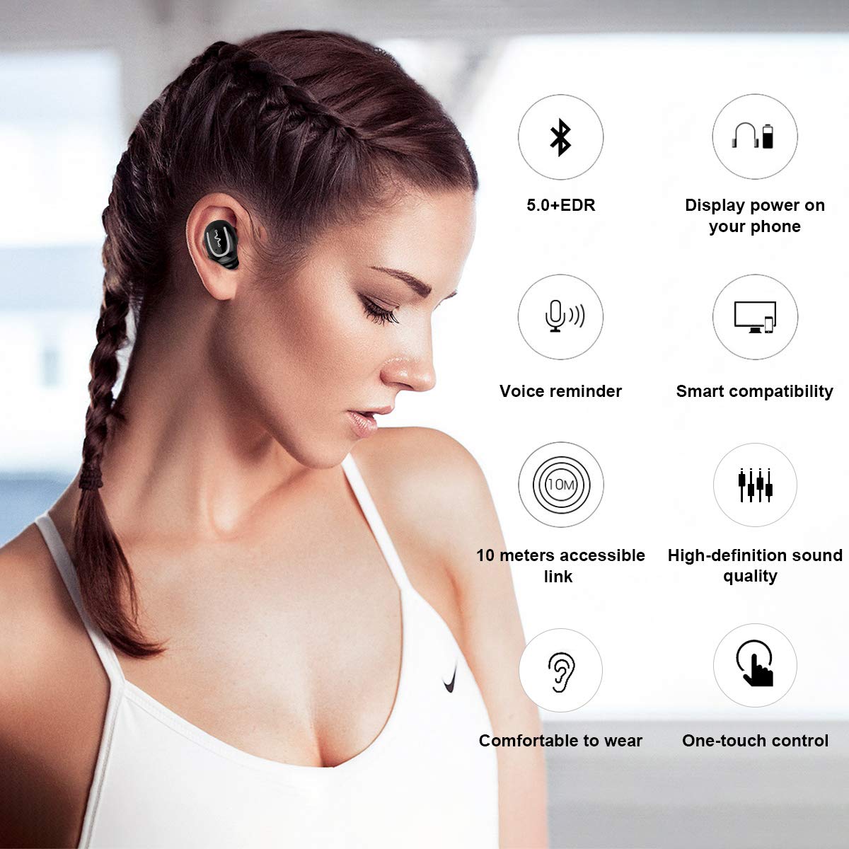 True Wireless Earbuds in-Ear Stereo Bluetooth Headphones Noise Cancelling Headsets Earphones Mini Wireless Headphone V5.0 Bluetooth Earbuds
