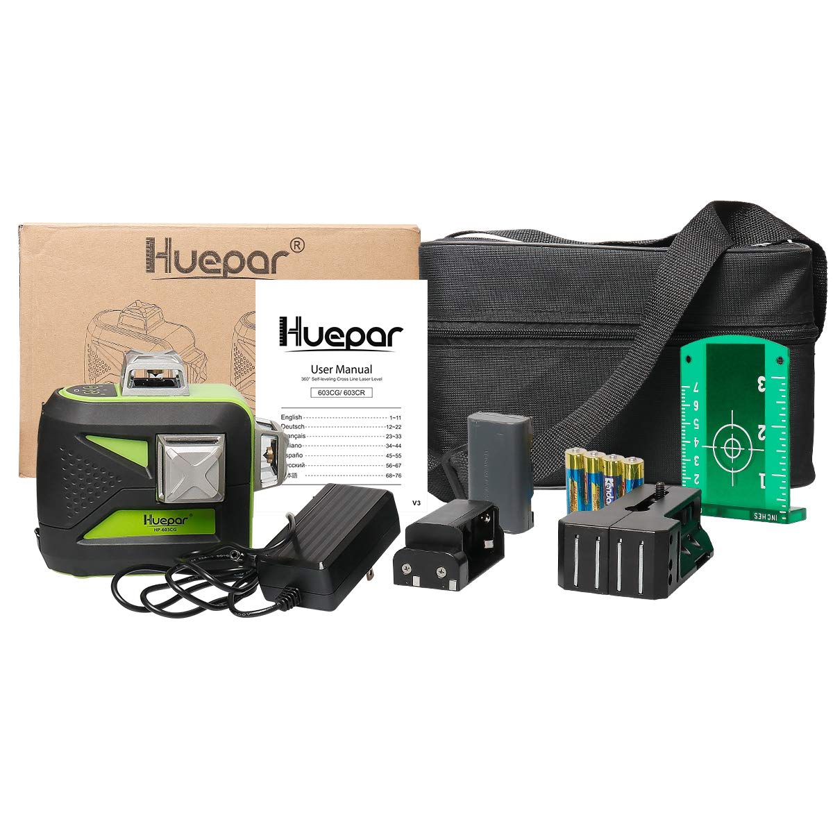 Huepar 3D Green Beam Self-Leveling Laser Level 3x360 Cross Line Laser Three-Plane Leveling and Alignment Line Laser Level -Two 360° Vertical and One 360° Horizontal Line -Magnetic Pivoting Base 603CG