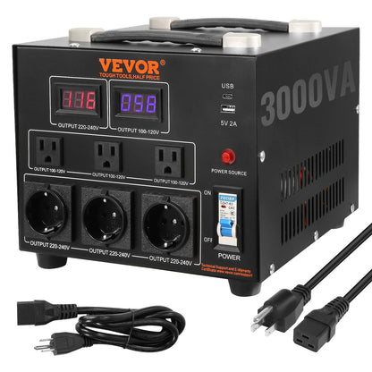 VEVOR Transformador convertidor de voltaje, 3000 W, transformador elevador/descendente de servicio pesado, conversión de 110 voltios a 220 voltios y de 220 voltios a 110 voltios, con salida de EE. UU., puerto USB de 5 V, certificado CE