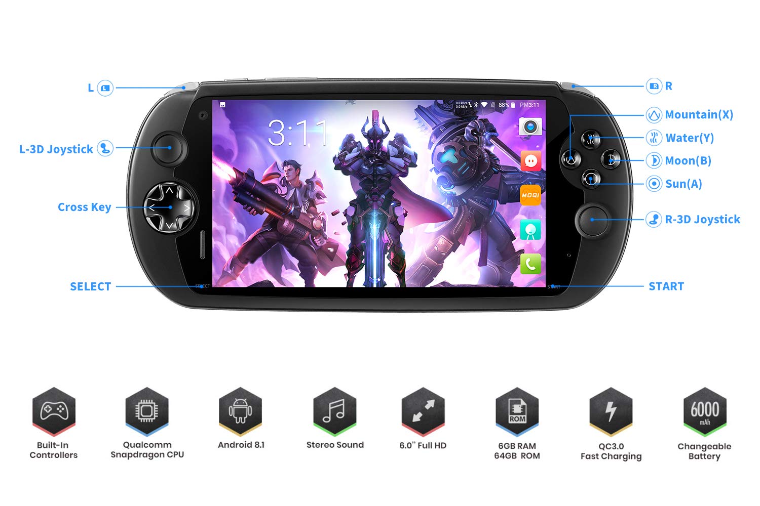 MOQI I7S Game Phone Handheld 6" Touchscreen Game Console, Android 8.1 SDM-710 8-Core Qualcomm Kryo 360 CPU,Adreno 616 GPU, 6GB RAM, 64GB ROM, 6000mAh Battery Support Qualcomm APTX and QC 3.0
