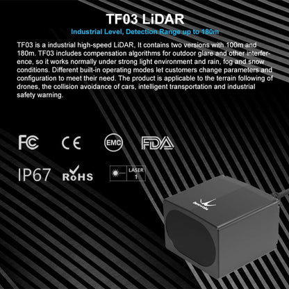 TF03-180 Sensor de tapa de largo alcance, 180 m (590 pies) Medición de distancia IP67 100 Klux Telémetro
