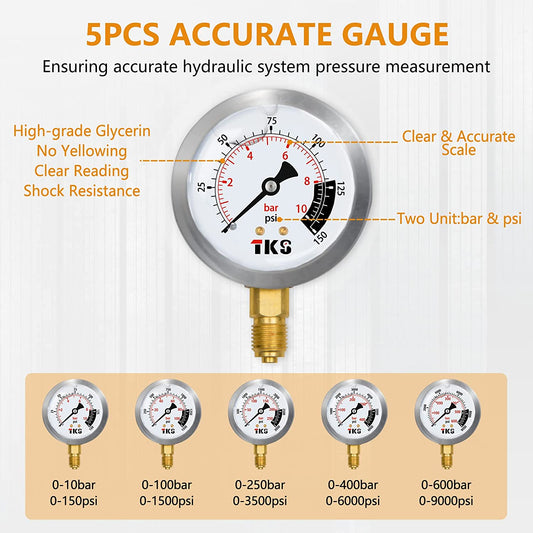 Kit de prueba de presión hidráulica, 600 bar/8700 psi / 60 mpa 5 medidores, 13 acoplamientos de prueba, 14 conectores en T, 5 mangueras de prueba