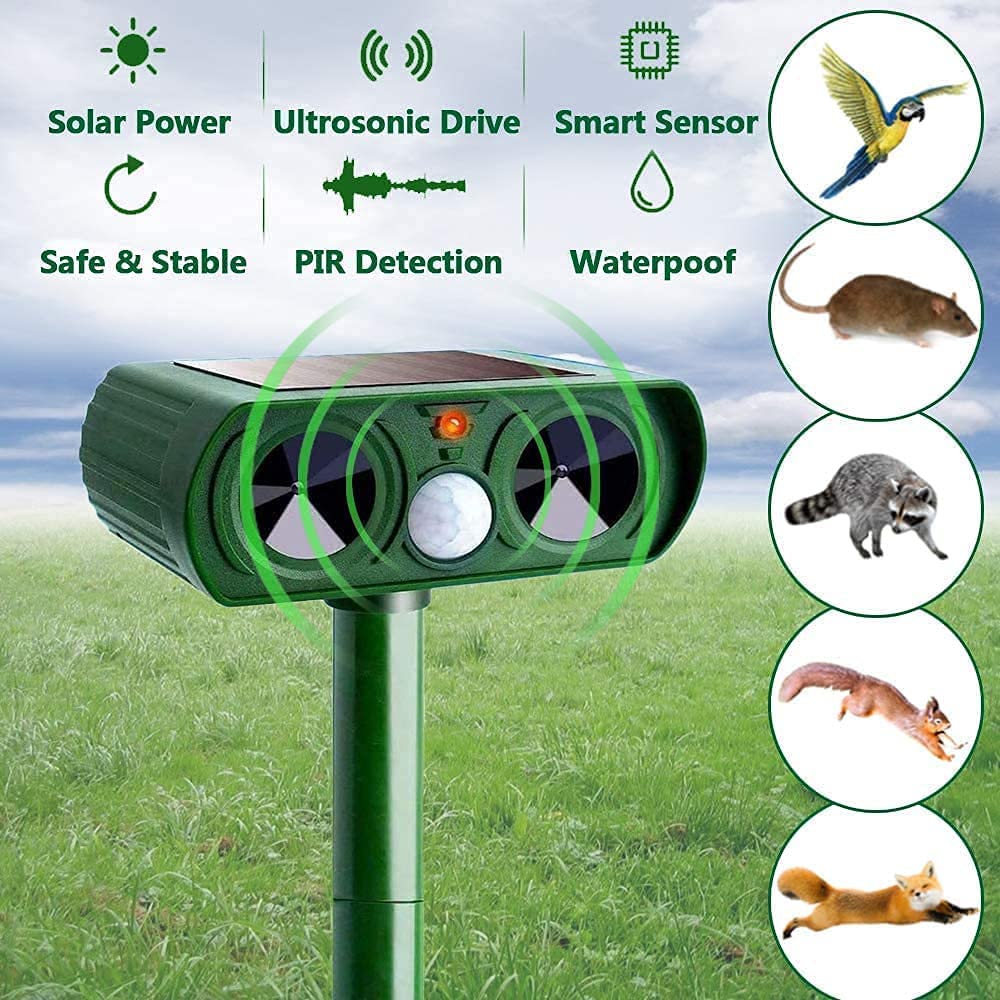 ABILLY Solar ultrasónico repelente de rata, ardilla, ciervo, mapache, mofeta, conejo, topo, perro, gato, impermeable con detector de movimiento