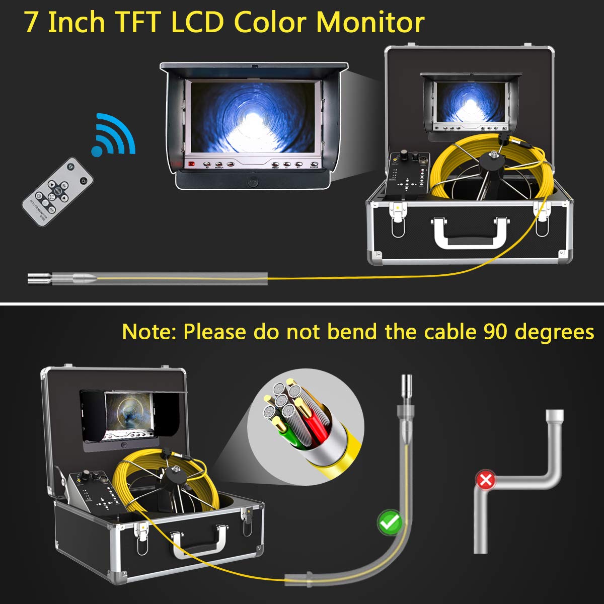 Cámara de alcantarillado, alcantarillado, endoscopio industrial, cable de 164.0 ft, resistente al agua, IP68, cable de serpiente, sistema de vídeo con monitor LCD de 7 pulgadas, 1000TVL Sony CCD DVR grabadora de alcantarillado (50M-DVR)