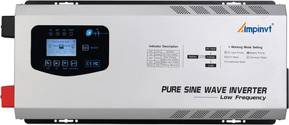 AMPINVT Cargador inversor de corriente de onda sinusoidal pura de 6000W pico de 18000 W CC de 24 V a 120 V/240 V fuera de la red, inversor solar de baja frecuencia para gel sellado AGM batería de litio inundada