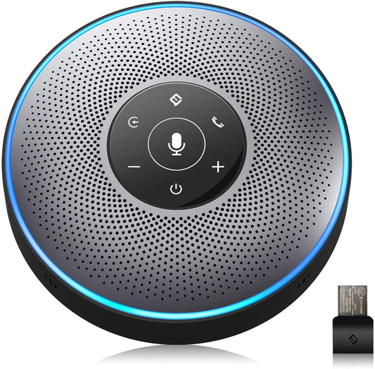 Altavoz Bluetooth – M2 gris altavoz de conferencia con dongle, idea para la oficina en casa 360º Recogida de voz 4 AI Echo y micrófonos con cancelación de ruido, altavoz USB Skype AUX in/Out para hasta 8 personas