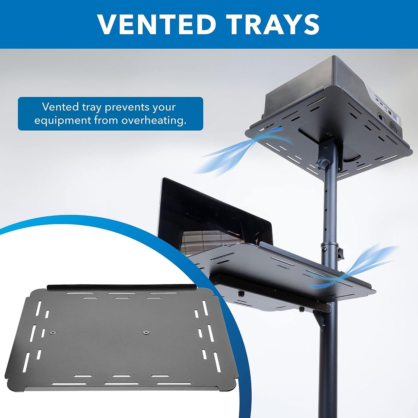 Soporte móvil para proyector y computadora portátil (2 estantes), carro rodante con bandeja ventilada, resistente, carro de presentación para computadora portátil y proyector de altura ajustable, negro