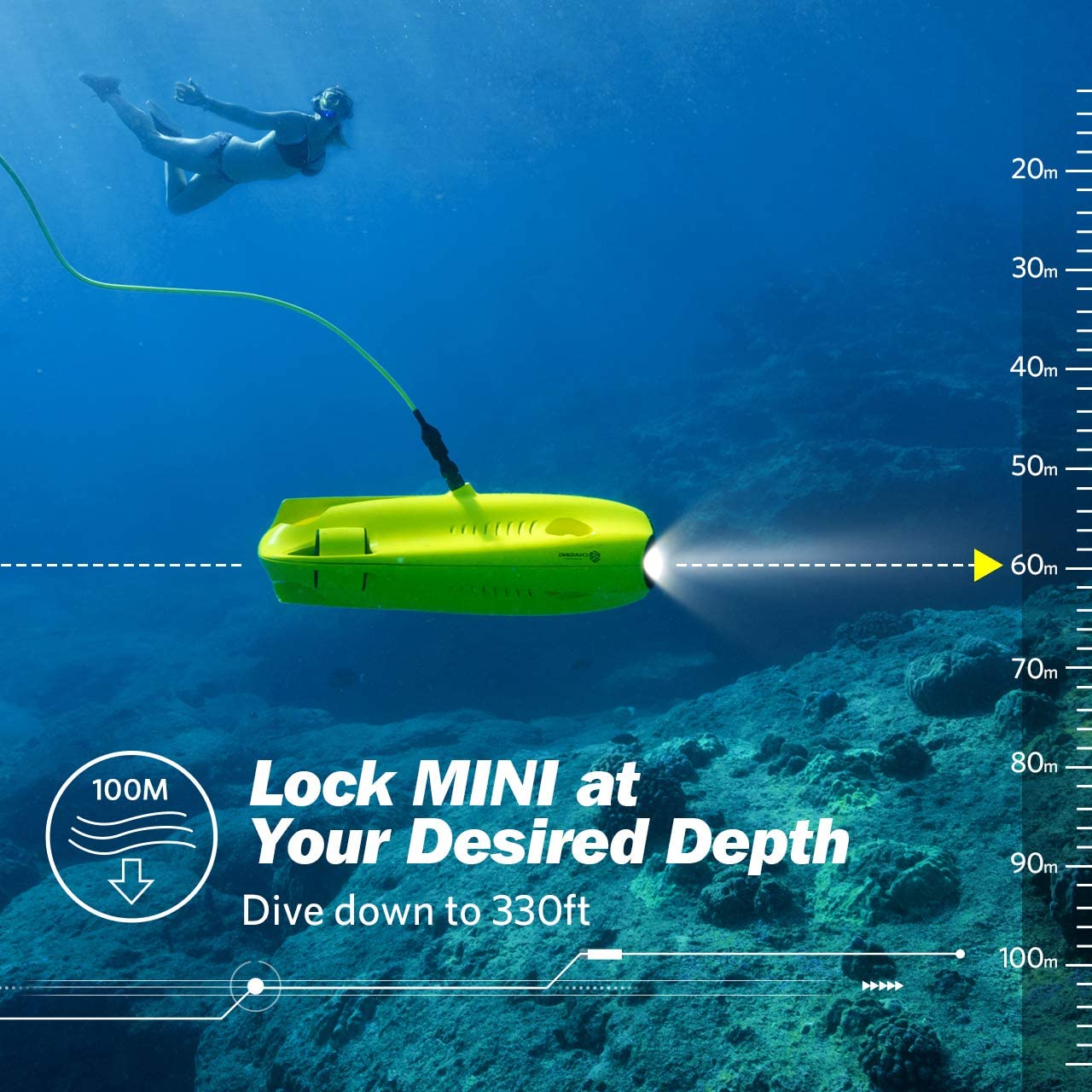 Chasing Gladius Mini dron subacuático – Cámara subacuática 4K UHD para visualización en tiempo real, mando a distancia y control remoto de aplicación, buceo a 330 pies, transmisión en vivo, bloqueo de inclinación ajustable, buscador de peces, ROV