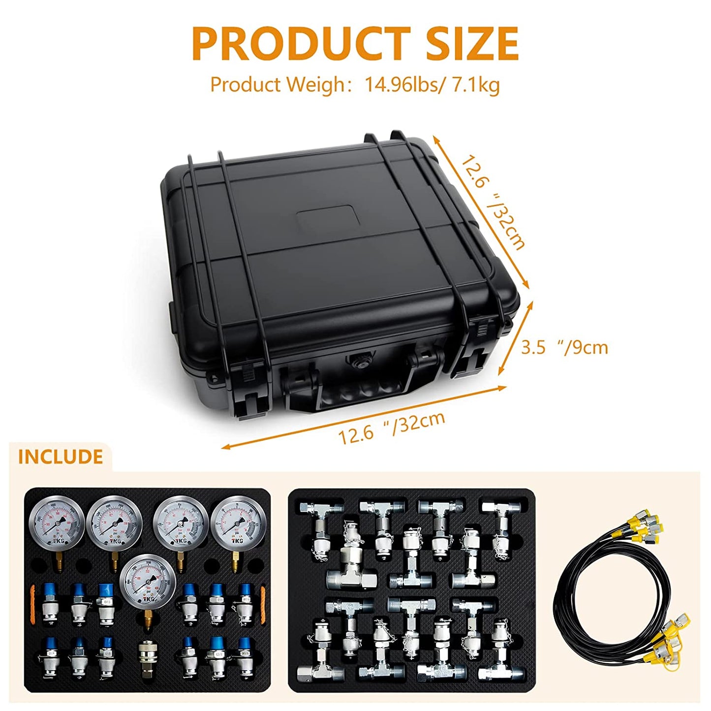 Kit de prueba de presión hidráulica, 600 bar/8700 psi / 60 mpa 5 medidores, 13 acoplamientos de prueba, 14 conectores en T, 5 mangueras de prueba