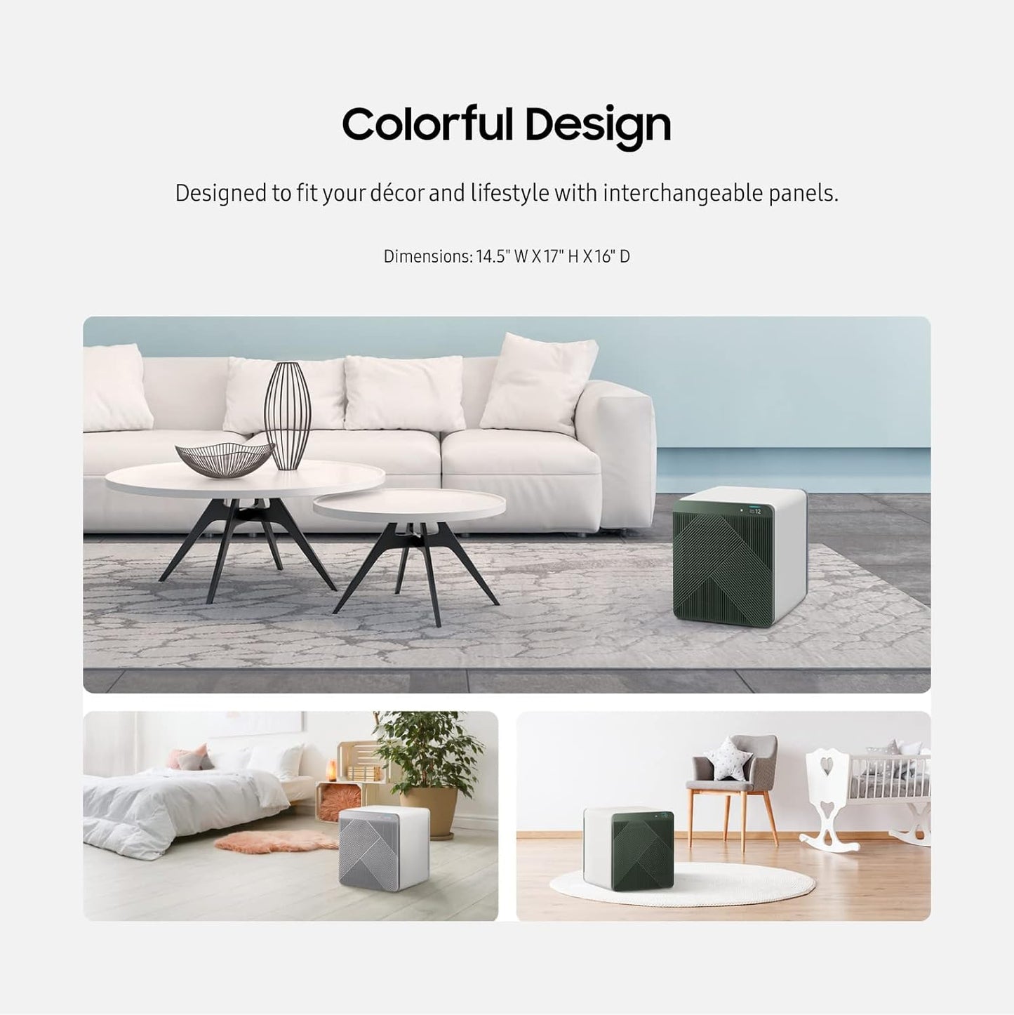 SAMSUNG BESPOKE - Purificador de aire cubo, eliminador de olores, sistema doméstico con filtración HEPA, purificación de 360 grados, modo mascota, control inteligente, atrapa el polvo, AX350A9350N, gris