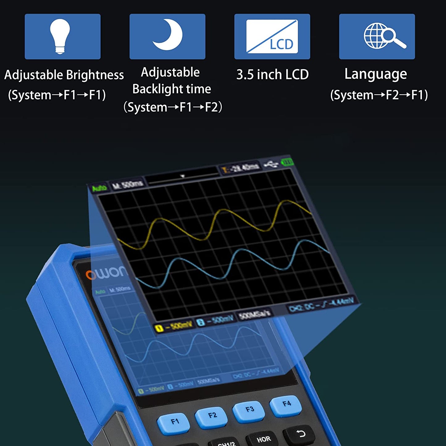 OWON Osciloscopio HDS272S 2+1CH osciloscopio digital multiumetro 3 en 1 70MHz ancho de banda 3.5" LCD multiumeter OSC+DMM+generador de señal