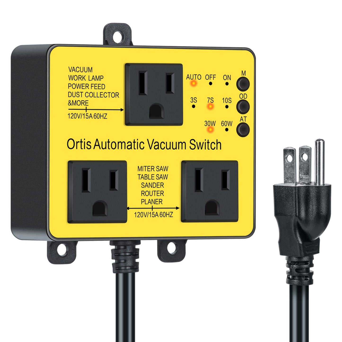 Interruptor de vacío automático con salida adicional para usar más herramientas eléctricas, control de polvo Ortis, retardo de encendido y apagado automático para evitar sobrecarga y tropiezos del circuito, umbral de accionamiento ajustable, amarillo