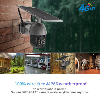 S600 3G/4G LTE Cámara de seguridad celular con energía solar para exteriores, inalámbrica, foco de visión de 360°, visión nocturna de 1080p, conversación de 2 vías, sensor de movimiento PIR, sin WiFi, Soliom