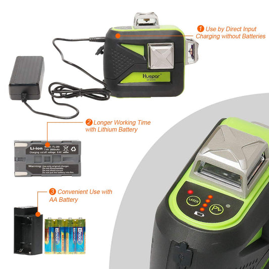 Huepar 3D Green Beam Self-Leveling Laser Level 3x360 Cross Line Laser Three-Plane Leveling and Alignment Line Laser Level -Two 360° Vertical and One 360° Horizontal Line -Magnetic Pivoting Base 603CG
