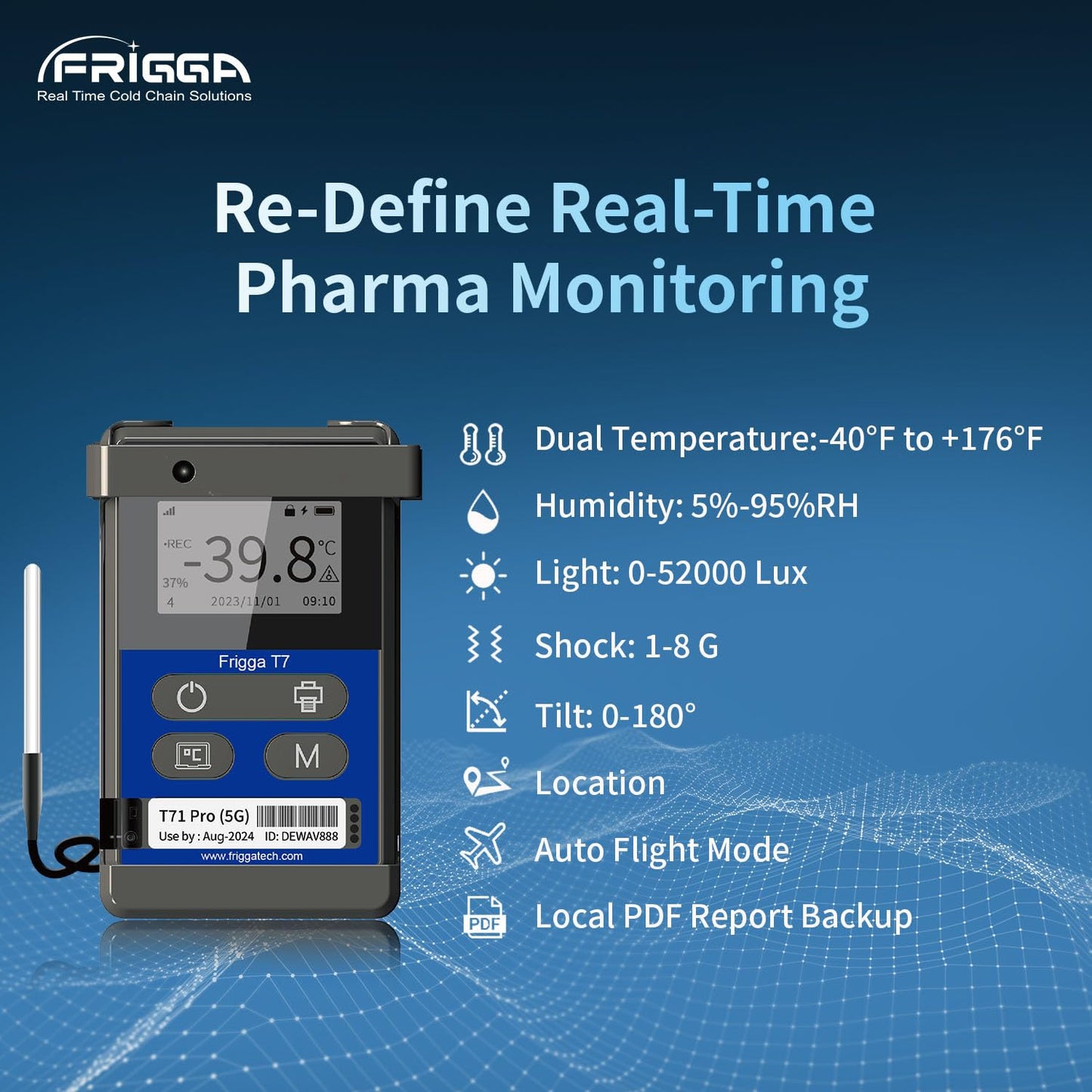 Frigga T70 Pro 4G/5G Real-Time Temperature Data Logger Reusable 50000 Points Wireless Remote Digital Humidity Temperature Recorder Pharmacy Medical Thermometer High Accuracy Rechargeable