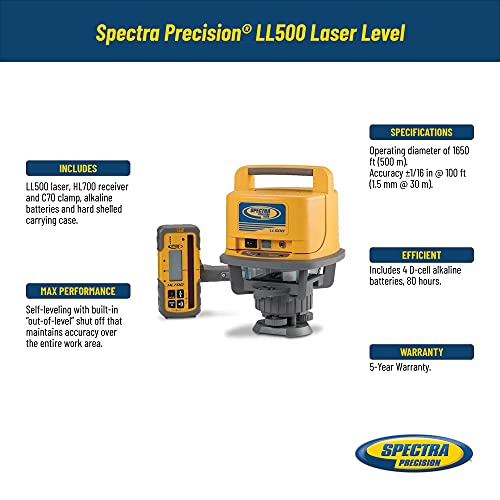 Spectra Precision LL500 Nivel láser autonivelante con receptor HL700, abrazadera de varilla C70, baterías alcalinas, estuche