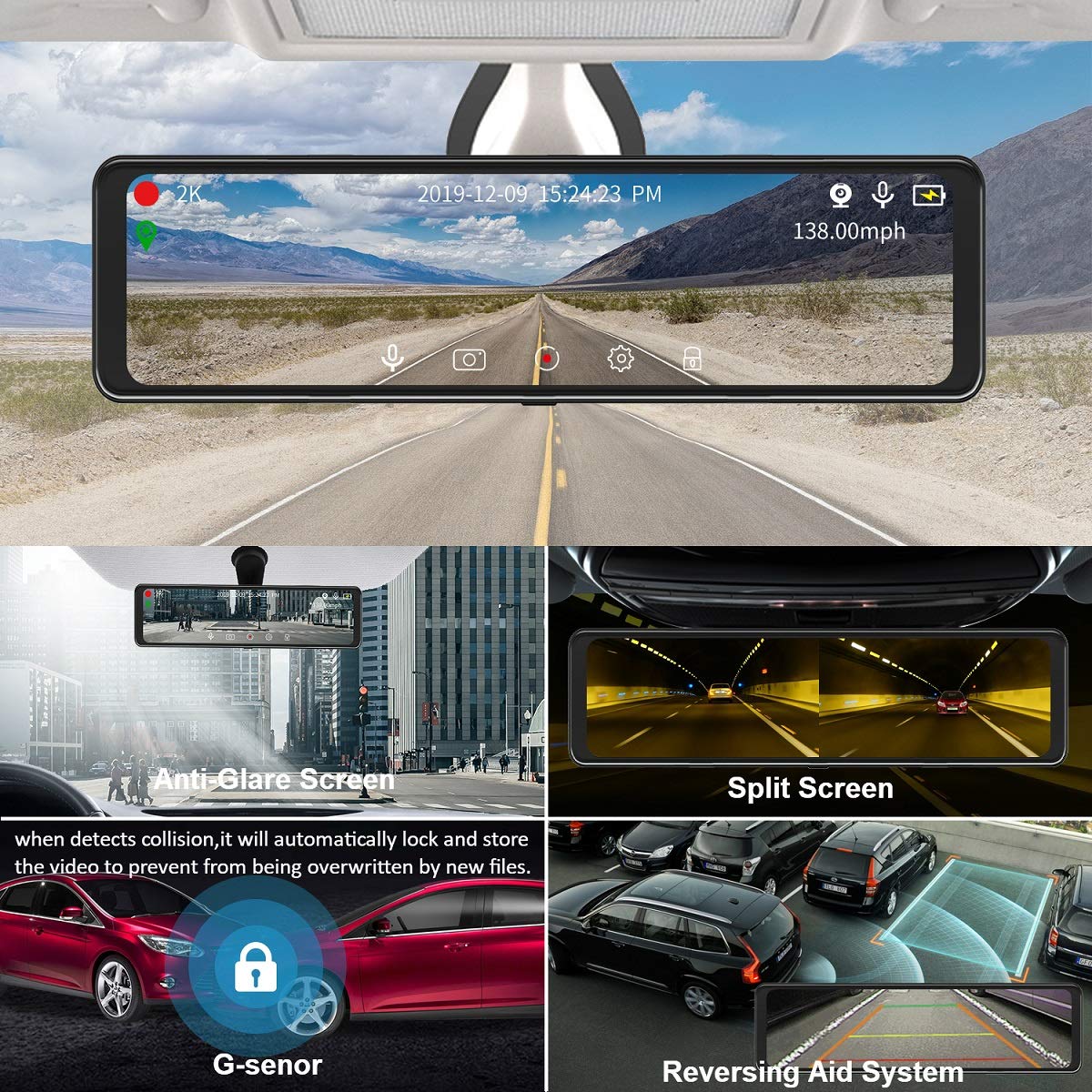 Mirror Dash Cam Car Backup Camera 12" 2K IPS Full Touch Screen 2560P+1080P Resolution Front and Rear View Dual Lens, Adjustable Wide Angle, WDR Night Vision, Parking Monitor, GPS & 32GB Card Included