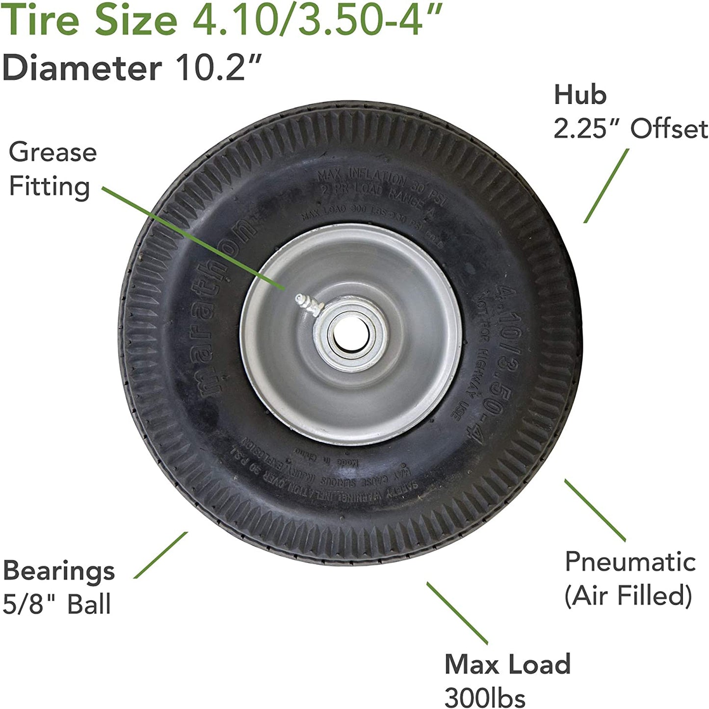 Marathon 2-Pack 4.10/3.50-4" Pneumatic (Air Filled) Hand Truck / All Purpose Utility Tires on Wheels, 2.25" Offset Hub, 5/8" Bearings