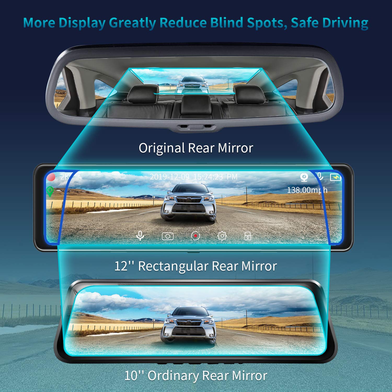 Mirror Dash Cam Car Backup Camera 12" 2K IPS Full Touch Screen 2560P+1080P Resolution Front and Rear View Dual Lens, Adjustable Wide Angle, WDR Night Vision, Parking Monitor, GPS & 32GB Card Included