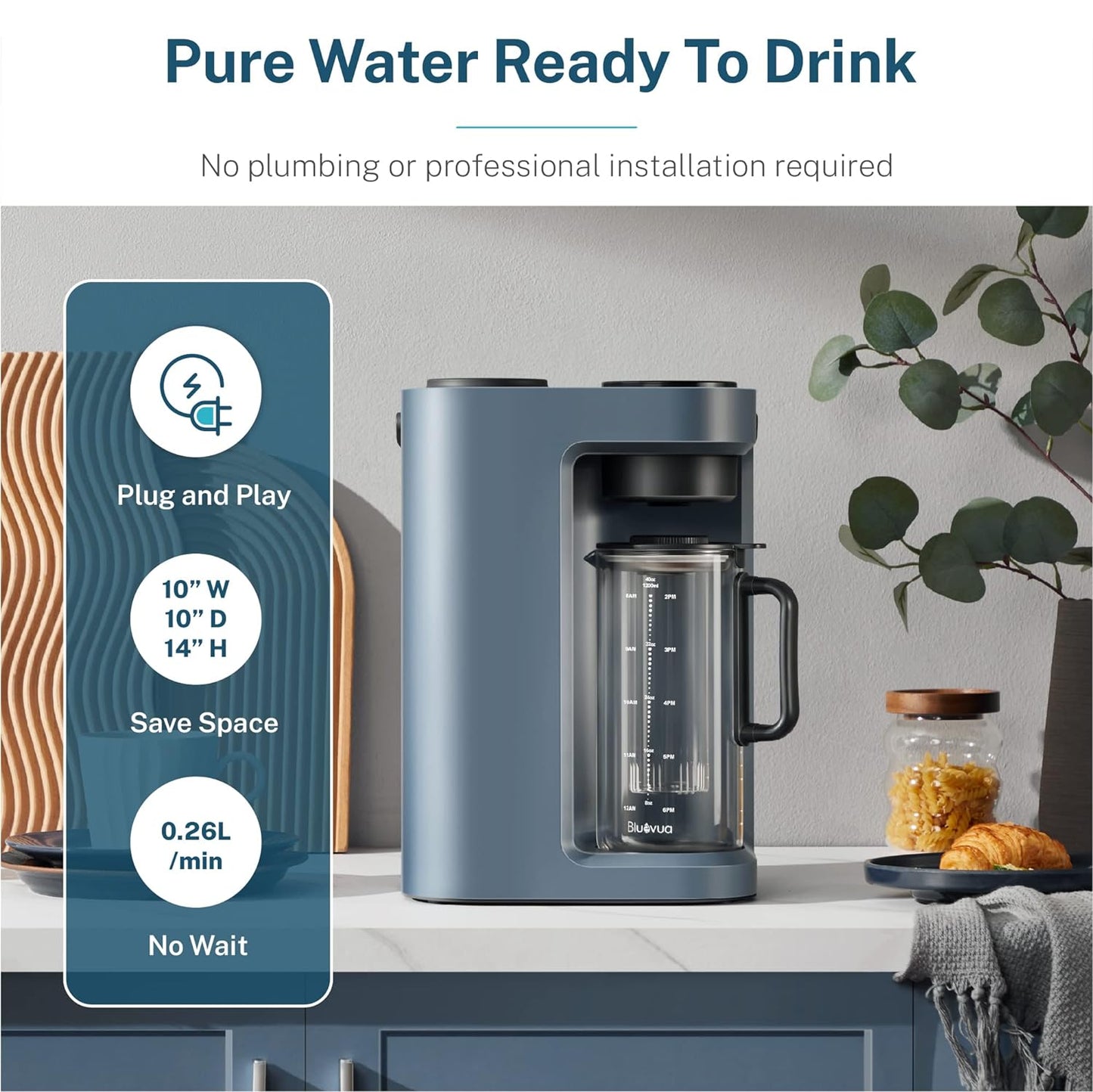 Bluevua RO100ROPOT-LITE - Sistema de filtro de agua de ósmosis inversa para encimera, purificación de 5 etapas, 3:1 de puro a drenaje, purificador de agua portátil (no requiere instalación) (azul)
