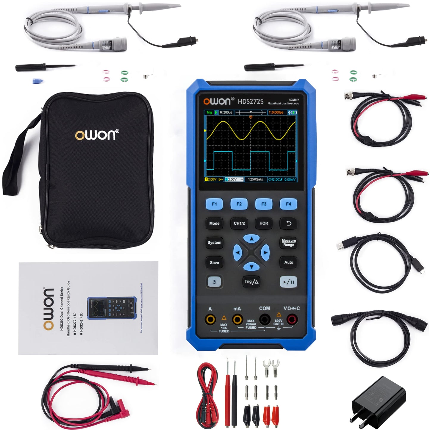 OWON Osciloscopio HDS272S 2+1CH osciloscopio digital multiumetro 3 en 1 70MHz ancho de banda 3.5" LCD multiumeter OSC+DMM+generador de señal