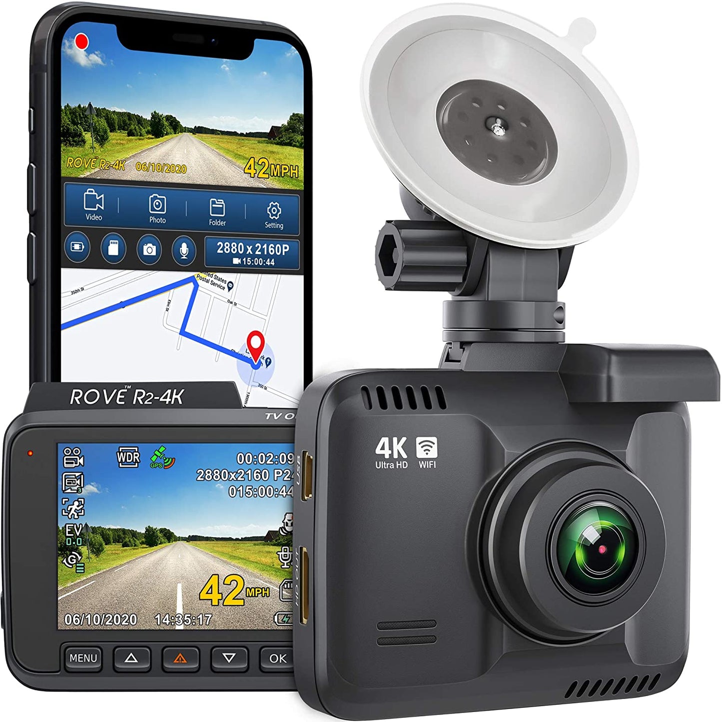 Rove R2 - 4K Dash R2-4K incorporado WiFi GPS coche cámara grabadora UHD 2160P, 2.4" LCD, 150° gran angular, WDR, visión nocturna