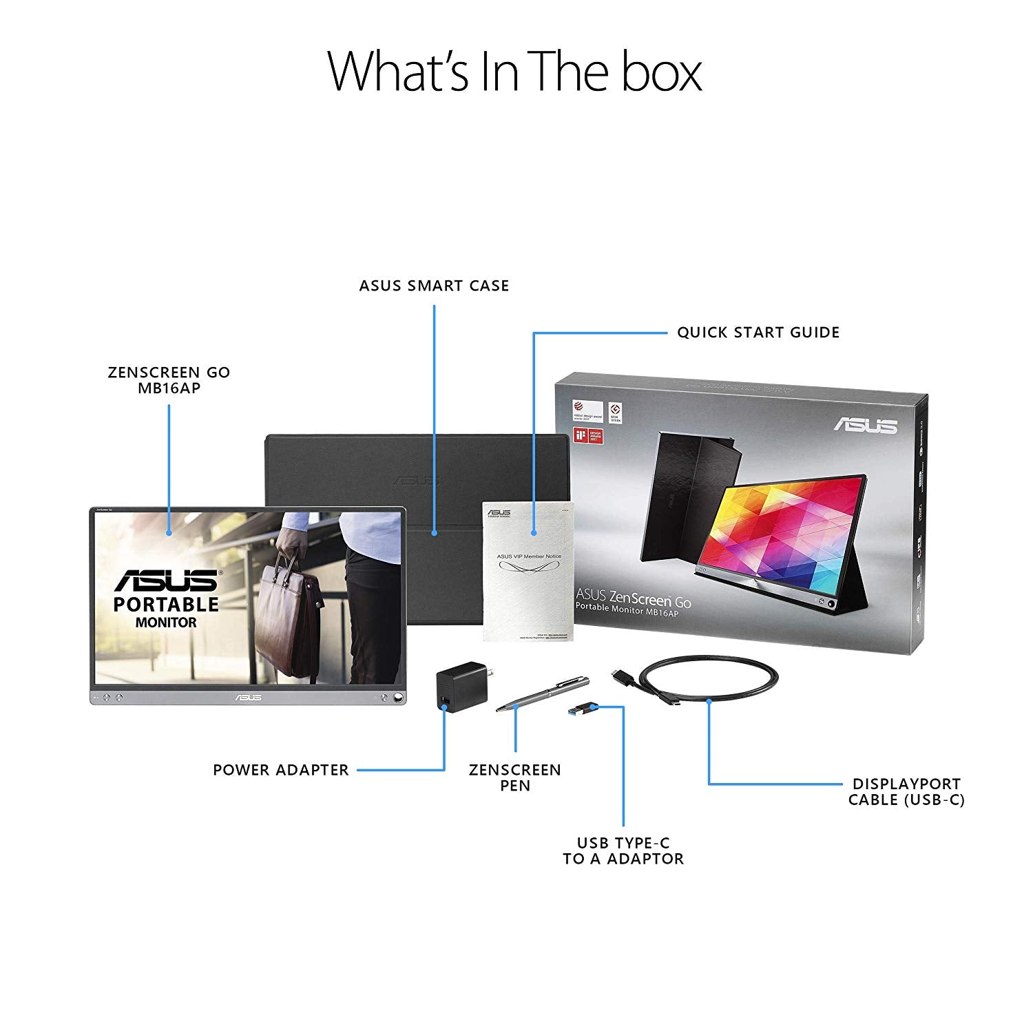 Asus Zenscreen Go MB16AP 15.6" Full HD Portable Monitor IPS Built-in Battery Eye Care USB Type-C W/Foldable Smart Case