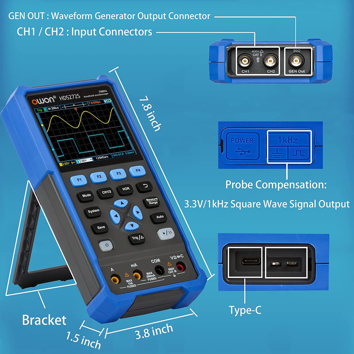 OWON Osciloscopio HDS272S 2+1CH osciloscopio digital multiumetro 3 en 1 70MHz ancho de banda 3.5" LCD multiumeter OSC+DMM+generador de señal