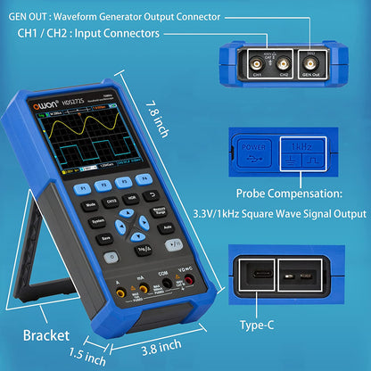 OWON Osciloscopio HDS272S 2+1CH osciloscopio digital multiumetro 3 en 1 70MHz ancho de banda 3.5" LCD multiumeter OSC+DMM+generador de señal