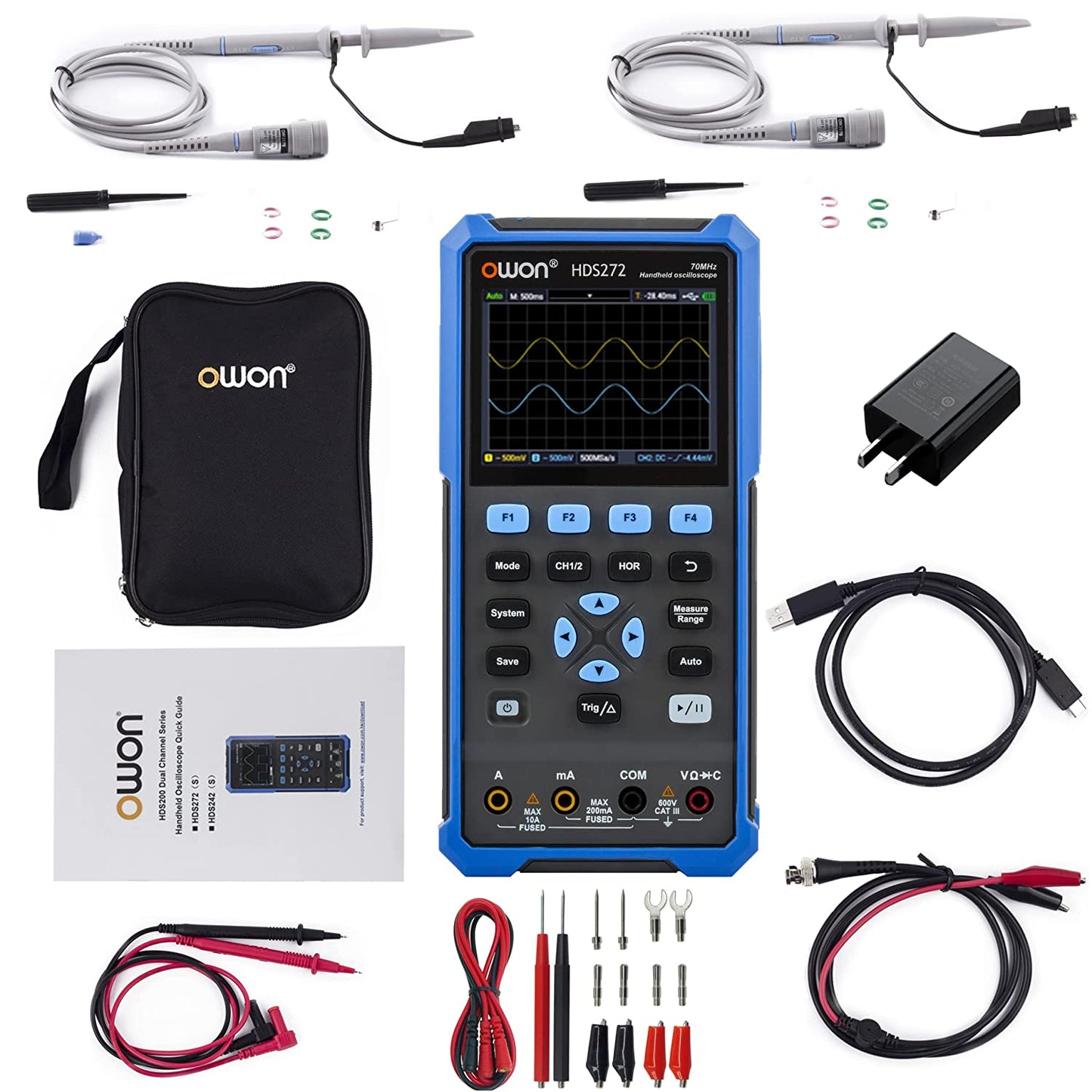 OWON Osciloscopio HDS272S 2+1CH osciloscopio digital multiumetro 3 en 1 70MHz ancho de banda 3.5" LCD multiumeter OSC+DMM+generador de señal