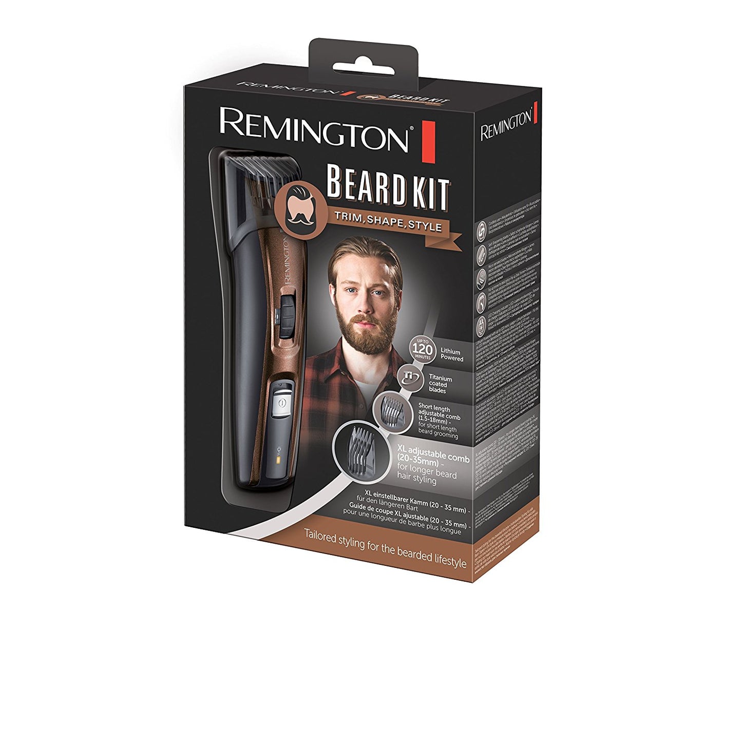 Remington MB4045 - Kit recortador de barba, Cuchillas de Titanio, Cepillo y Tijeras, Inalámbrico, 3 Tipos de Peine, Cortapatillas Extensible
