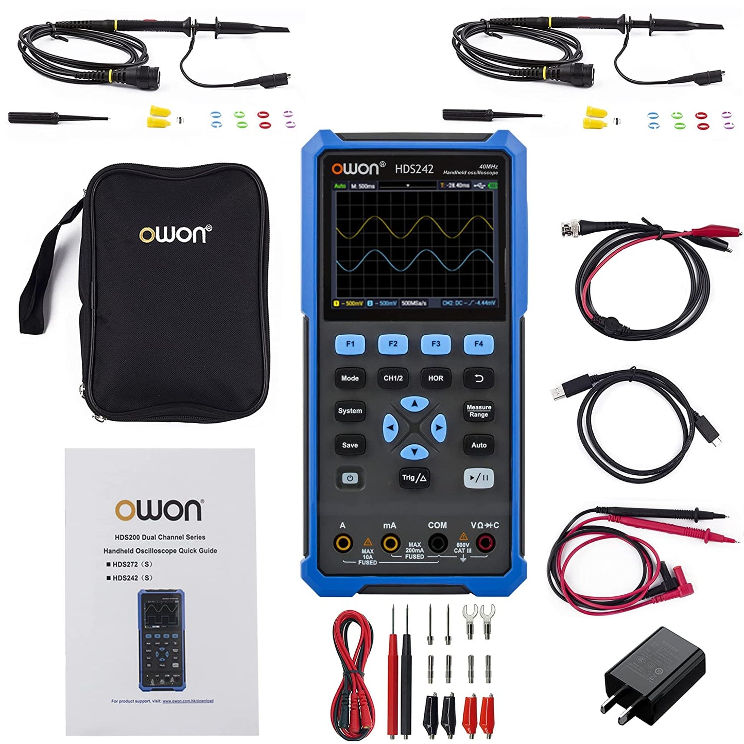 OWON Osciloscopio HDS272S 2+1CH osciloscopio digital multiumetro 3 en 1 70MHz ancho de banda 3.5" LCD multiumeter OSC+DMM+generador de señal