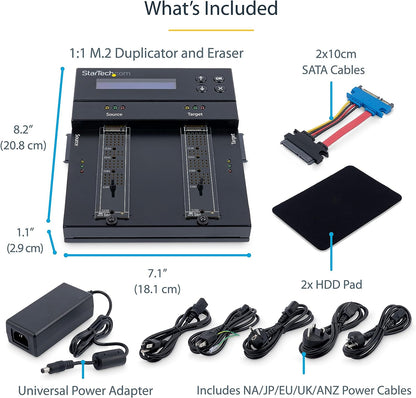 StarTech.com Duplicador/Borrador de Doble Bahía M.2 SATA/NVMe, Clonador/Limpiaparabrisas para M.2 PCIe AHCI/NVMe, M.2 SATA, 2.5/3.5", Desinfectante/Copiadora de Disco Duro, TAA (SM2DUPE11), Negro