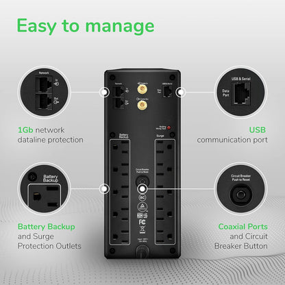 APC UPS 1500 VA UPS Batería de reserva y protector de sobretensión, BX1500 M, fuente de alimentación de batería de reserva, AVR, protección de datos