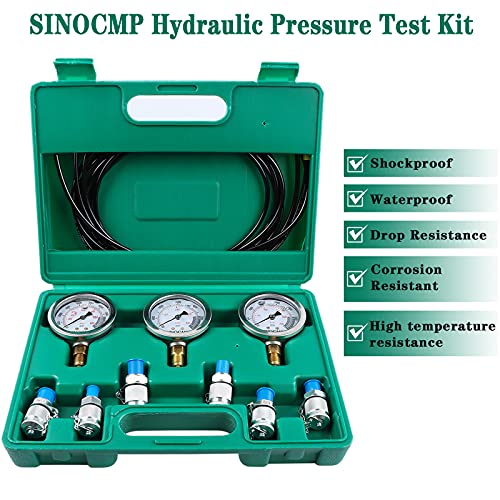 SINOCMP - Kit de manómetro hidráulico de versión actualizada, 25/40/60 MPa 3 manómetro 6 acoplamiento de prueba, 3 mangueras de prueba, 1 estuche de almacenamiento, kit de prueba de presión hidráulica para maquinaria de construcción de excavadoras