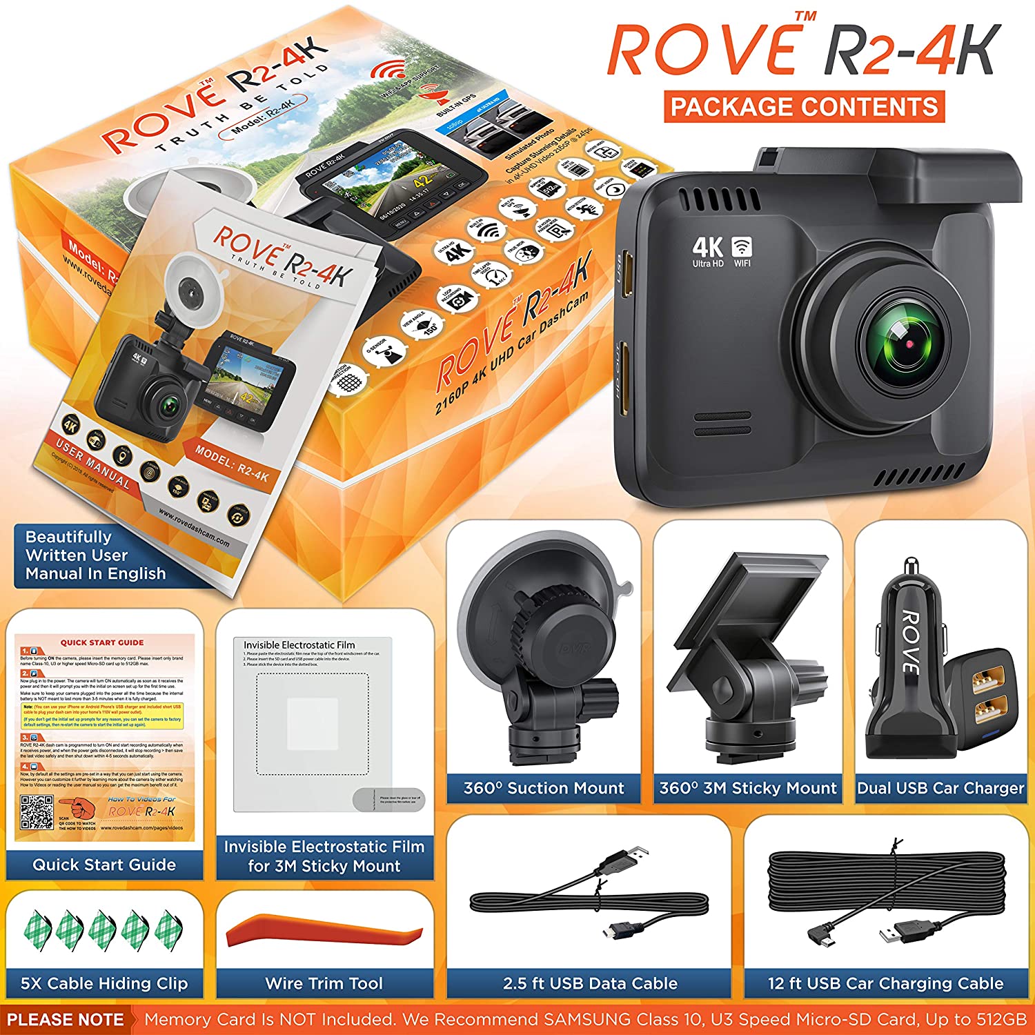 Rove R2 - 4K Dash Cam incorporado WiFi GPS coche Dashboard cámara grabadora con UHD 2160P, 2.4" LCD, 150° gran angular, WDR, visión nocturna