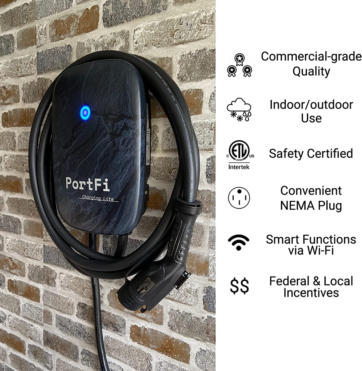 PortFi Estación de carga Smart Level 2 para vehículos eléctricos (EV), certificado de seguridad, interior/exterior, enchufe NEMA 14-50, cargador L2 EVSE/EV (Wi-Fi, 40 A)