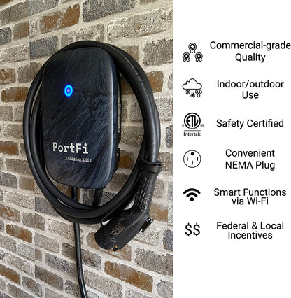 PortFi Estación de carga Smart Level 2 para vehículos eléctricos (EV), certificado de seguridad, interior/exterior, enchufe NEMA 14-50, cargador L2 EVSE/EV (Wi-Fi, 40 A)