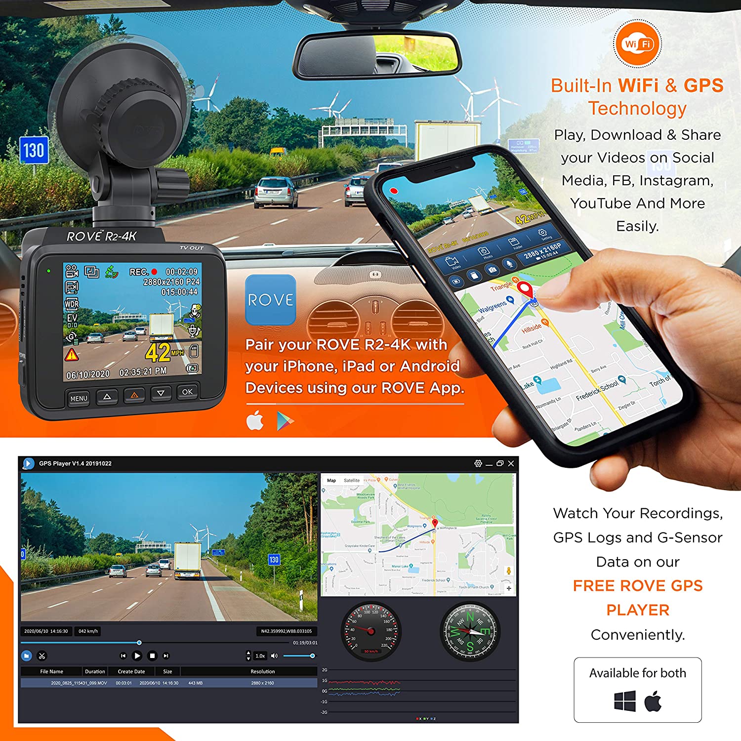 Rove R2 - 4K Dash Cam incorporado WiFi GPS coche Dashboard cámara grabadora con UHD 2160P, 2.4" LCD, 150° gran angular, WDR, visión nocturna