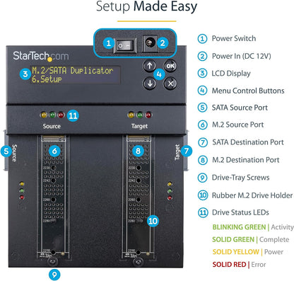 StarTech.com Duplicador/Borrador de Doble Bahía M.2 SATA/NVMe, Clonador/Limpiaparabrisas para M.2 PCIe AHCI/NVMe, M.2 SATA, 2.5/3.5", Desinfectante/Copiadora de Disco Duro, TAA (SM2DUPE11), Negro