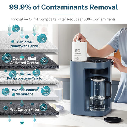 Bluevua RO100ROPOT-LITE - Sistema de filtro de agua de ósmosis inversa para encimera, purificación de 5 etapas, 3:1 de puro a drenaje, purificador de agua portátil (no requiere instalación) (azul)