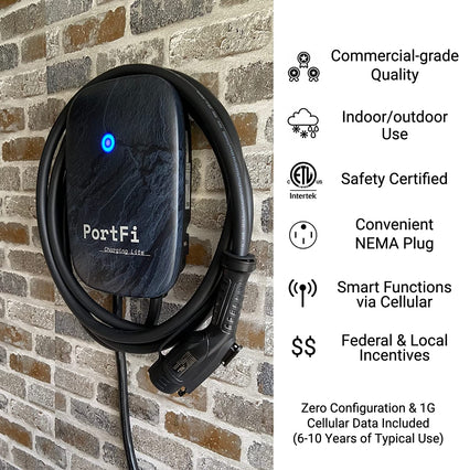 PortFi Estación de carga Smart Level 2 para vehículos eléctricos (EV), certificado de seguridad, interior/exterior, enchufe NEMA 14-50, cargador L2 EVSE/EV (Wi-Fi, 40 A)